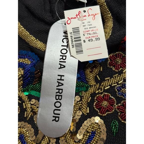 NWT VTG Victoria Harbour Paisley Sequin Beaded Sweater 90s Womens Sz Small Black - Picture 7 of 9